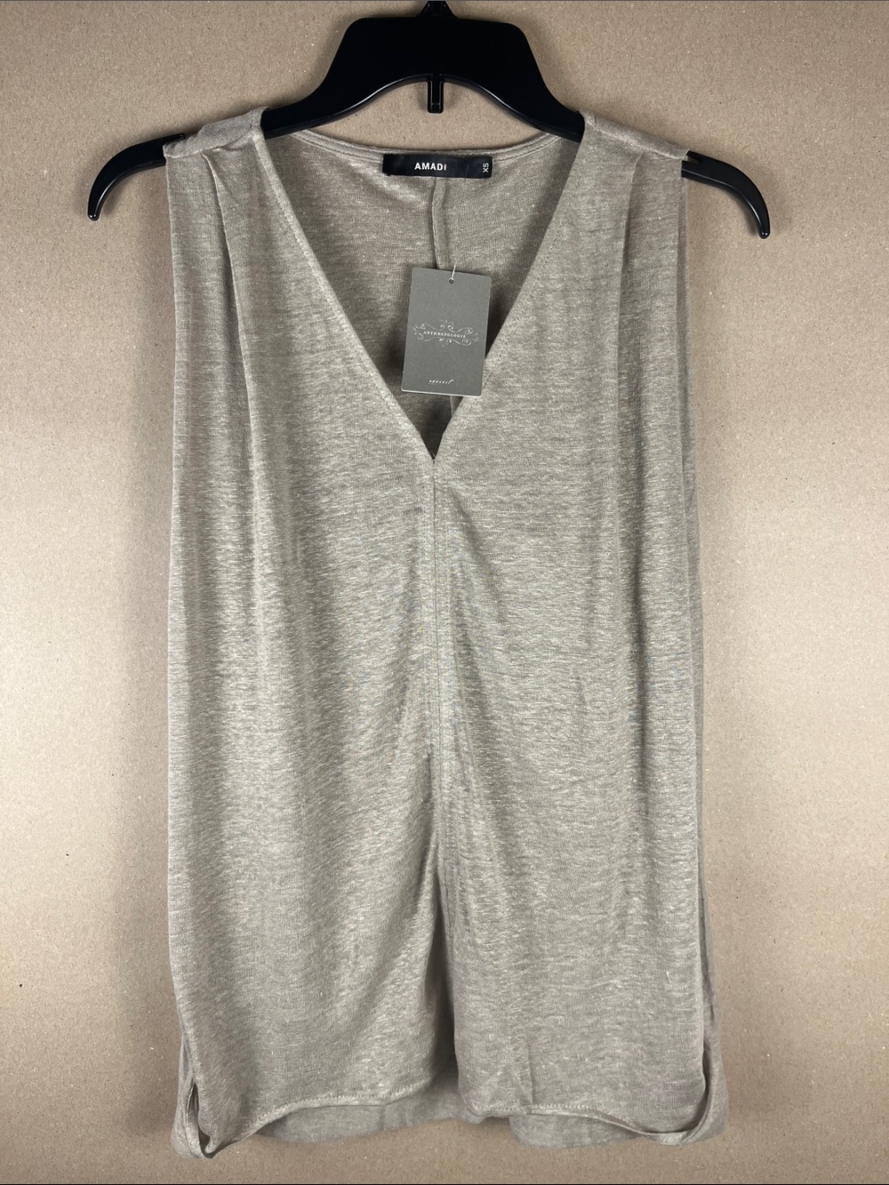 Amadi Anthropologie Gina Top XS Greige Linen V-Neck Drape Tank NWT Quiet Luxury